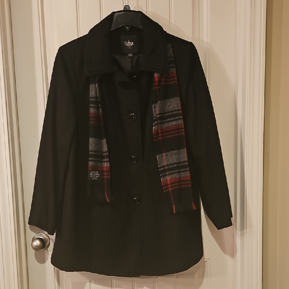 Classic Black Pea Coat with Plaid Scarf